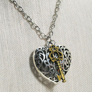 Necklace Silver Filigree Heart Bronze Key - 881